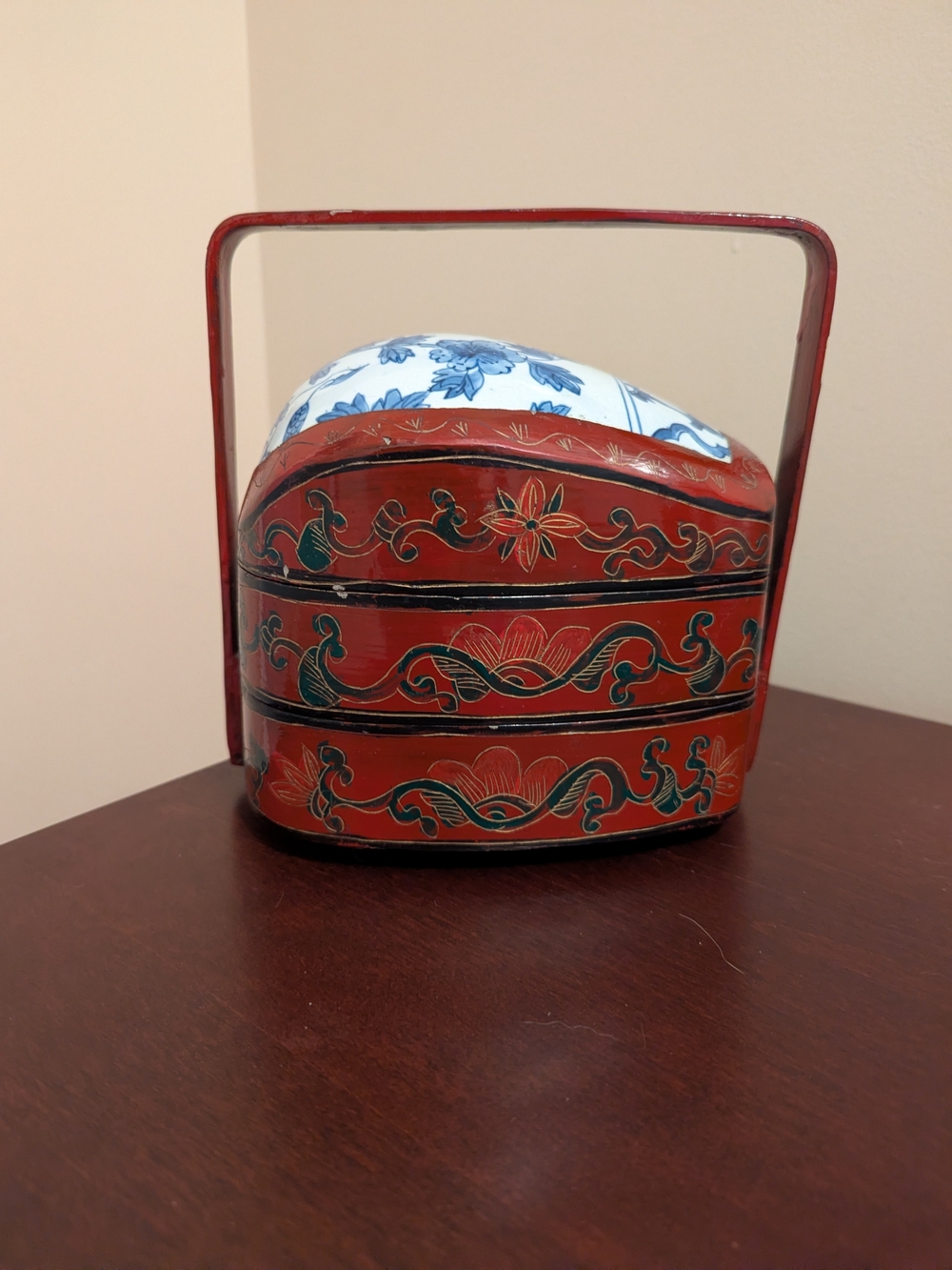 Hand-Painted Red Decorative Stackable Trinket Box with Handle